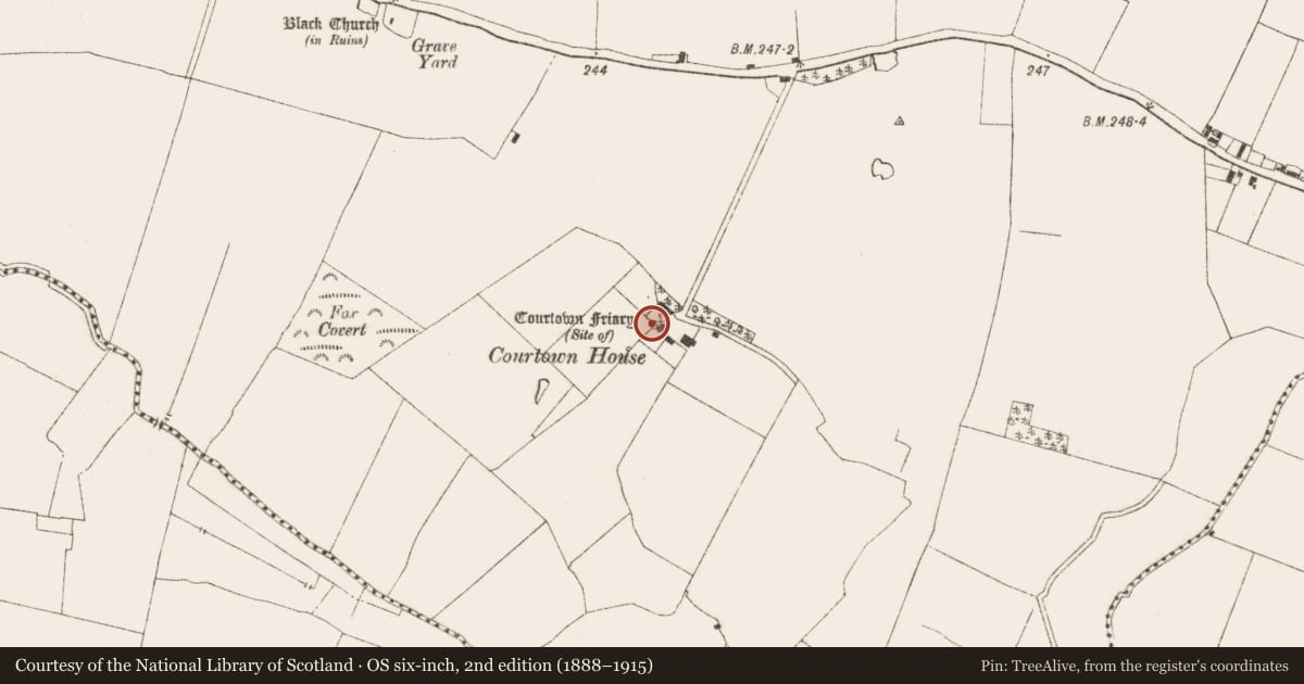Ordnance Survey six-inch map, 2nd edition (1888–1915) covering the location of Religious house - Franciscan friars, Meadstown, County Meath, with a pin at the register's coordinates