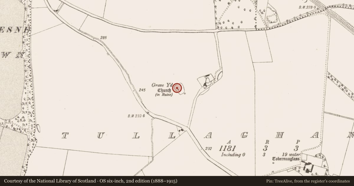 Ordnance Survey six-inch map, 2nd edition (1888–1915) covering the location of Church, Tulach Chonóg, County Meath, with a pin at the register's coordinates