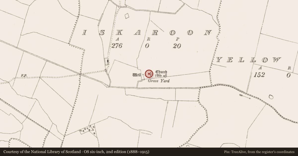 Ordnance Survey six-inch map, 2nd edition (1888–1915) covering the location of Church, Iskaroon, County Meath, with a pin at the register's coordinates