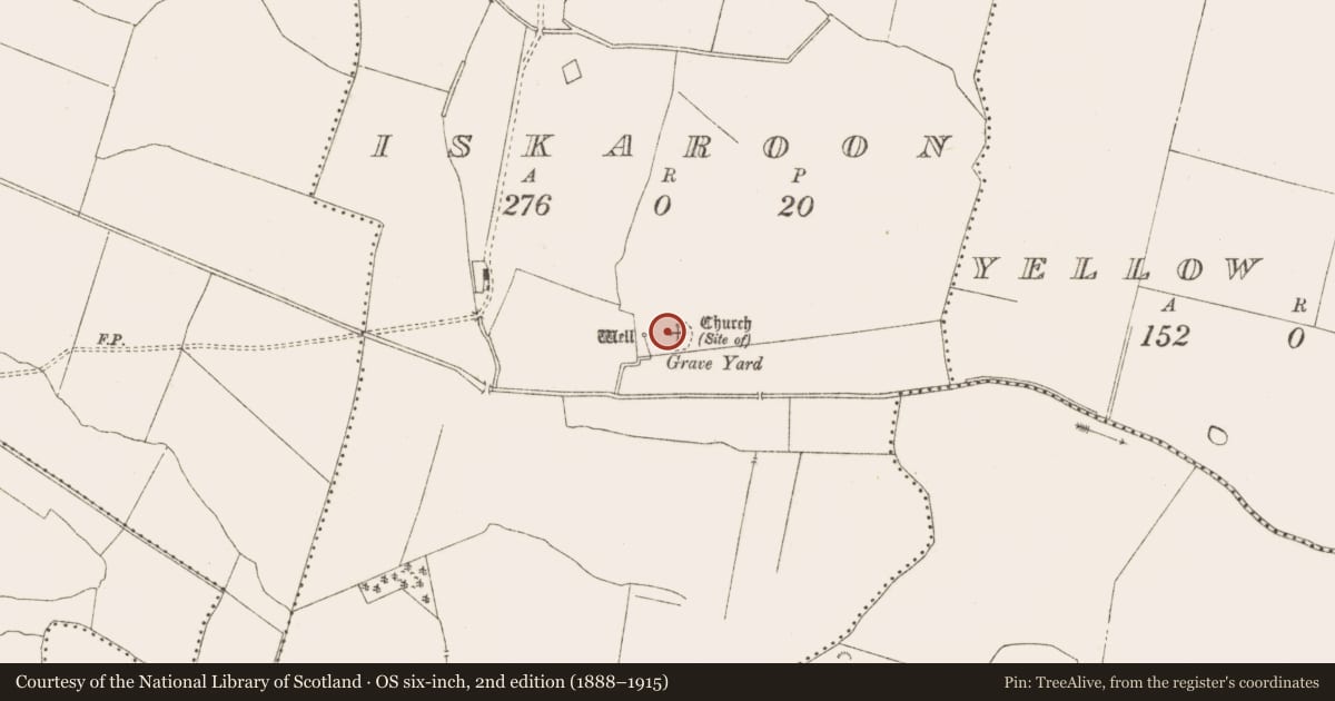 Ordnance Survey six-inch map, 2nd edition (1888–1915) covering the location of Memorial stone, Iskaroon, County Meath, with a pin at the register's coordinates