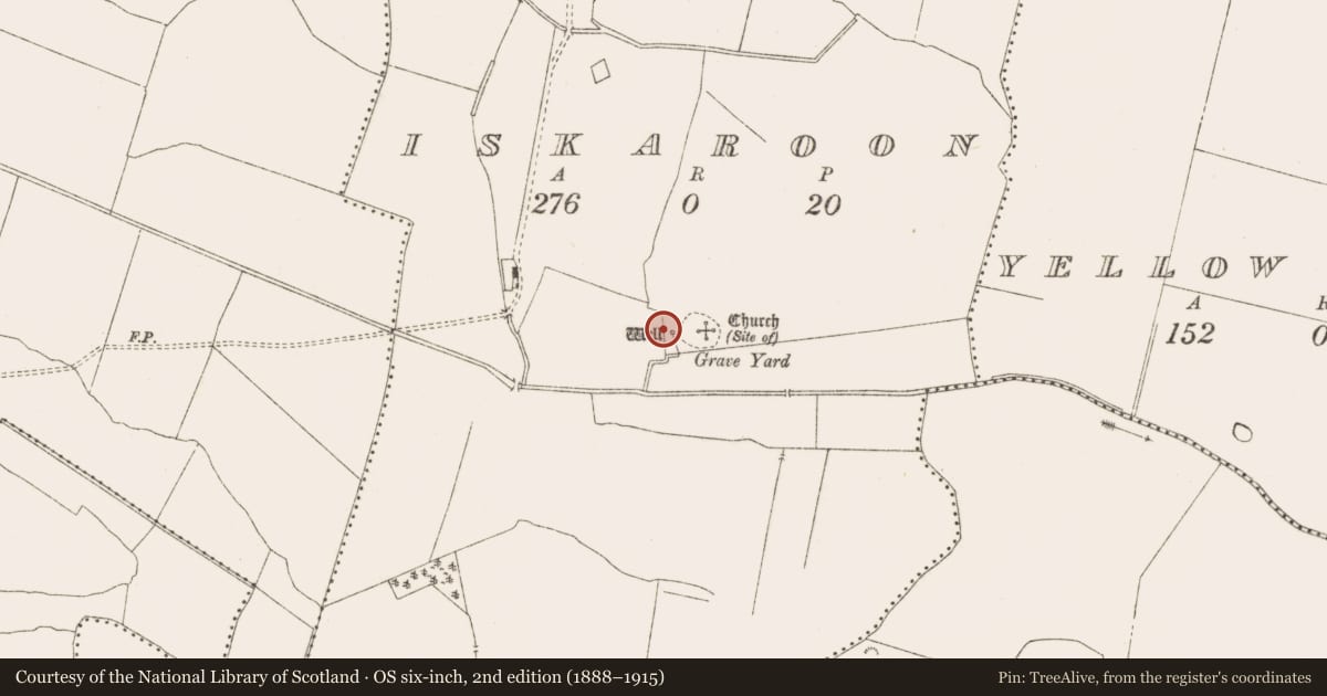 Ordnance Survey six-inch map, 2nd edition (1888–1915) covering the location of Ritual site - holy well, Iskaroon, County Meath, with a pin at the register's coordinates