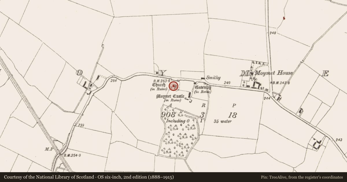 Ordnance Survey six-inch map, 2nd edition (1888–1915) covering the location of Church, Moymet, County Meath, with a pin at the register's coordinates