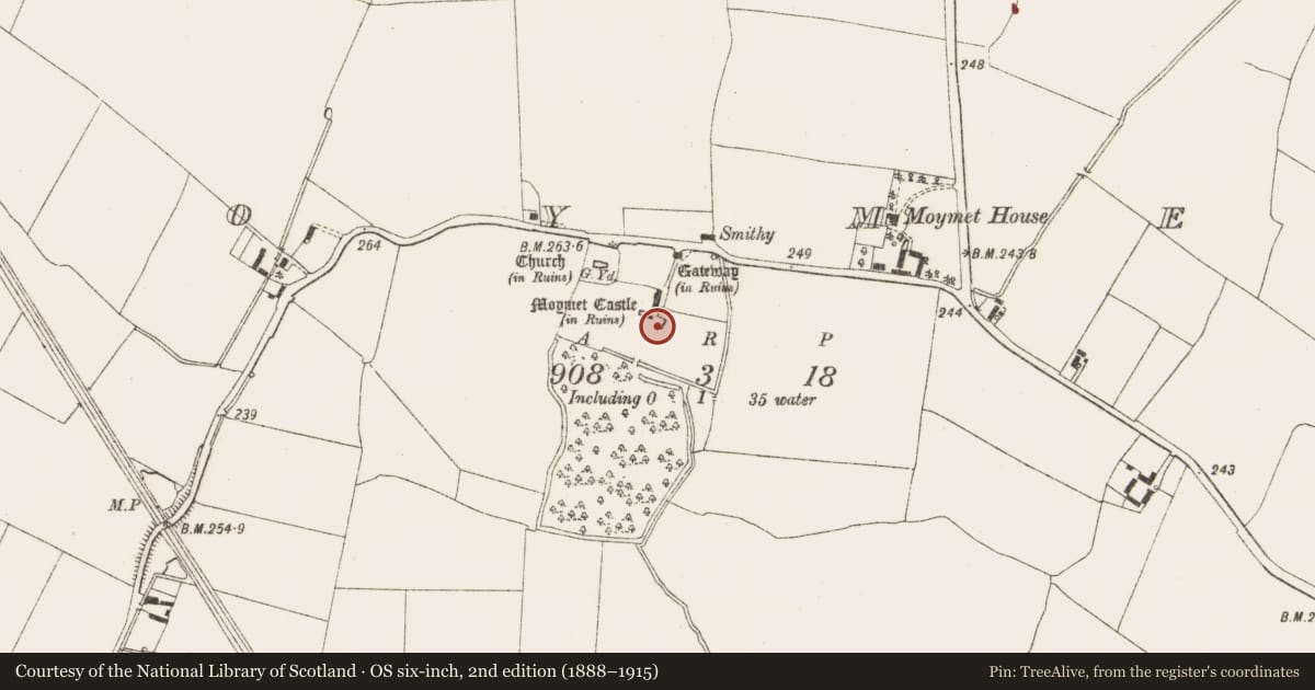 Ordnance Survey six-inch map, 2nd edition (1888–1915) covering the location of Castle - tower house, Moymet, County Meath, with a pin at the register's coordinates