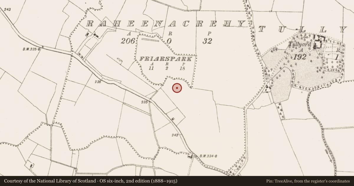 Ordnance Survey six-inch map, 2nd edition (1888–1915) covering the location of Enclosure - large enclosure, Friarspark, Raheenacrehy, County Meath, with a pin at the register's coordinates