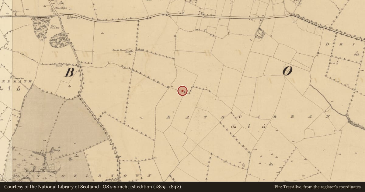 Ordnance Survey six-inch map, 1st edition (1829–1842) covering the location of Enclosure, Ráth Chairn, County Meath, with a pin at the register's coordinates