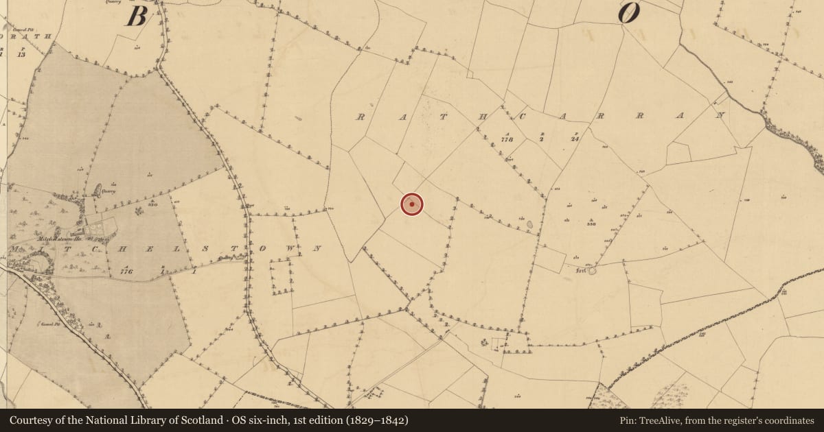 Ordnance Survey six-inch map, 1st edition (1829–1842) covering the location of Hearth, Ráth Chairn, County Meath, with a pin at the register's coordinates