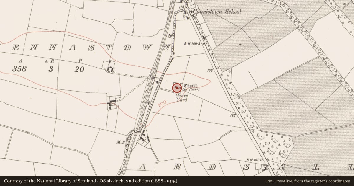 Ordnance Survey six-inch map, 2nd edition (1888–1915) covering the location of Church, Ardsallagh, County Meath, with a pin at the register's coordinates
