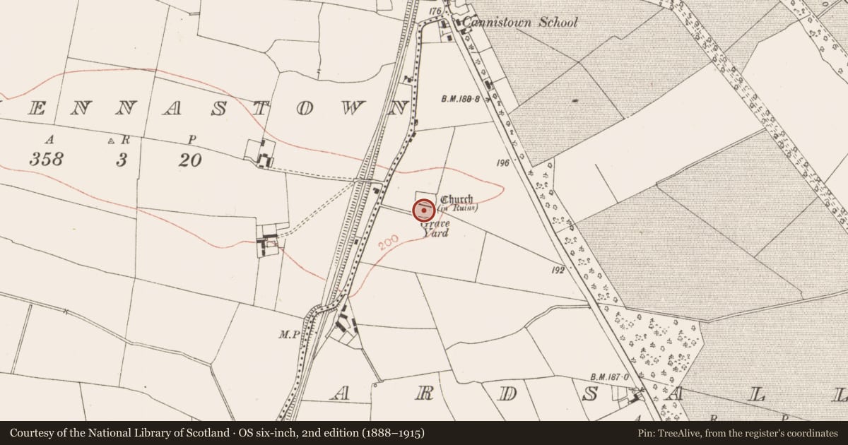 Ordnance Survey six-inch map, 2nd edition (1888–1915) covering the location of Graveyard, Ardsallagh, County Meath, with a pin at the register's coordinates