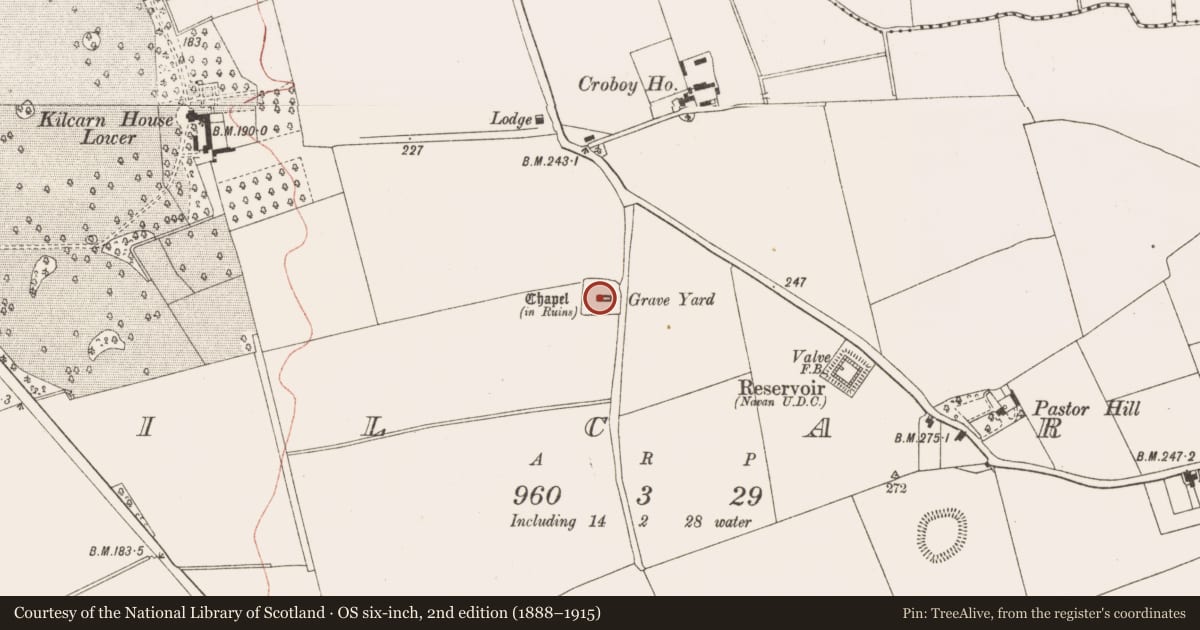 Ordnance Survey six-inch map, 2nd edition (1888–1915) covering the location of Graveyard, Kilcarn, County Meath, with a pin at the register's coordinates