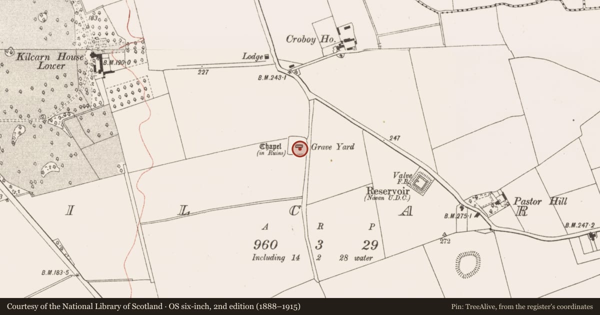 Ordnance Survey six-inch map, 2nd edition (1888–1915) covering the location of Graveslab, Kilcarn, County Meath, with a pin at the register's coordinates