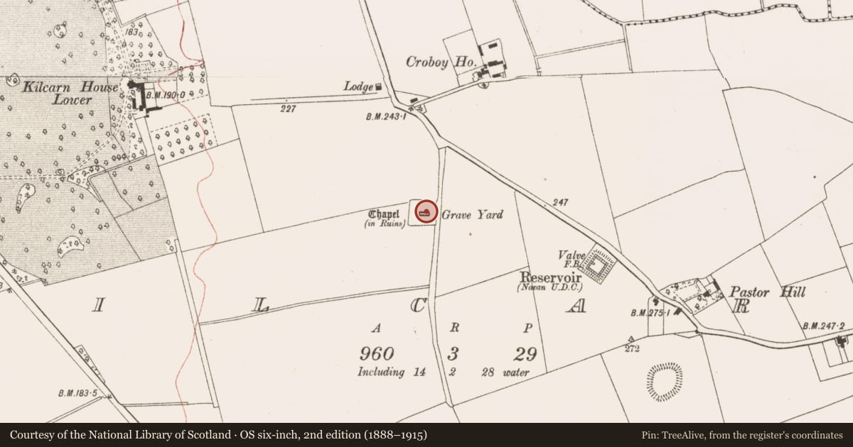 Ordnance Survey six-inch map, 2nd edition (1888–1915) covering the location of Cross-inscribed stone, Kilcarn, County Meath, with a pin at the register's coordinates