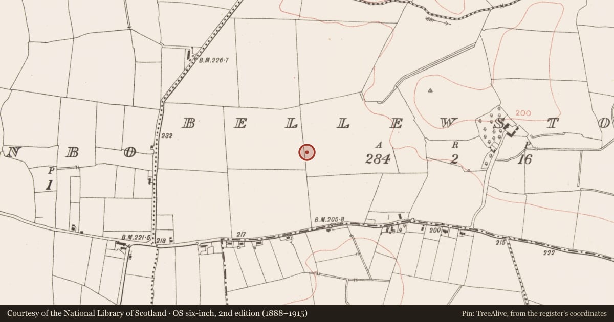 Ordnance Survey six-inch map, 2nd edition (1888–1915) covering the location of Barrow - mound barrow, Bellewstown, County Meath, with a pin at the register's coordinates
