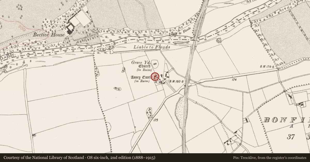 Ordnance Survey six-inch map, 2nd edition (1888–1915) covering the location of Castle - tower house, Assey, County Meath, with a pin at the register's coordinates
