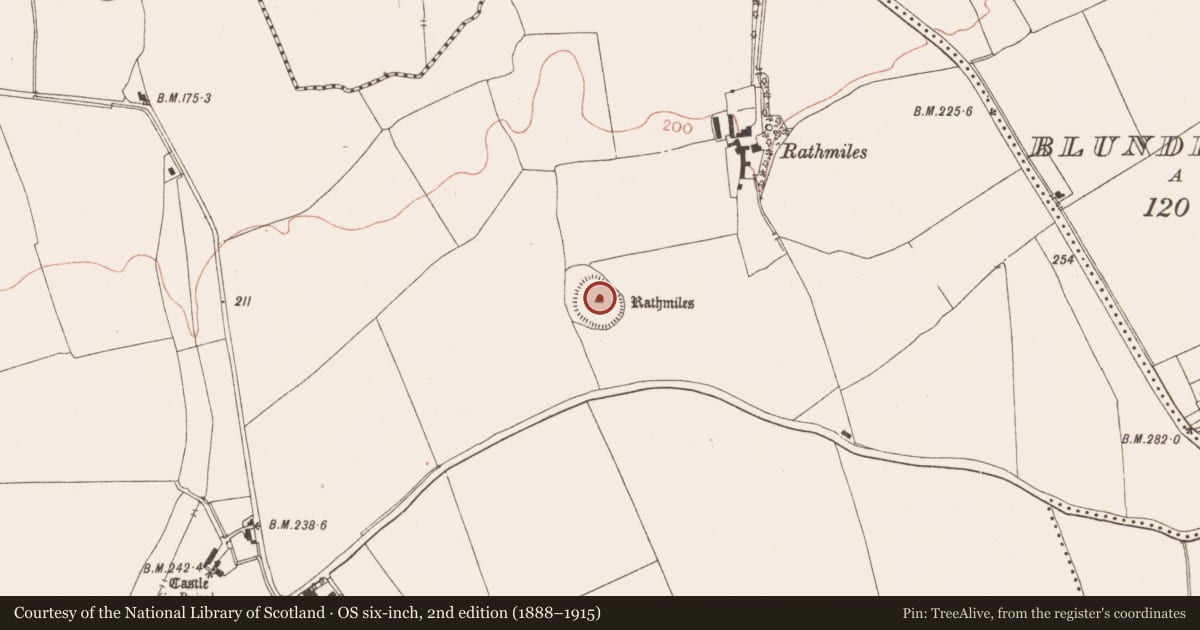 Ordnance Survey six-inch map, 2nd edition (1888–1915) covering the location of Ringfort - rath, Castletown Tara, County Meath, with a pin at the register's coordinates