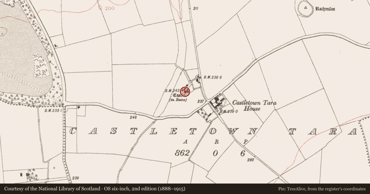 Ordnance Survey six-inch map, 2nd edition (1888–1915) covering the location of House - 16th/17th century, Castletown Tara, County Meath, with a pin at the register's coordinates