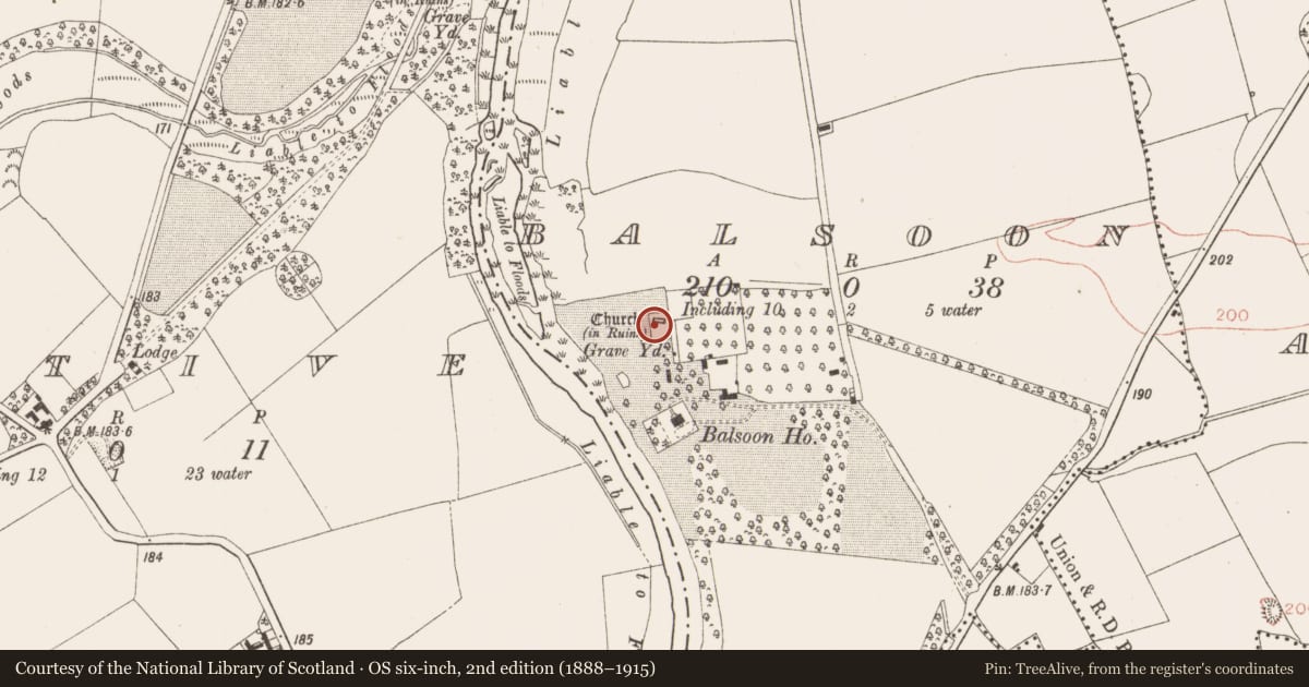 Ordnance Survey six-inch map, 2nd edition (1888–1915) covering the location of Church, Balsoon, County Meath, with a pin at the register's coordinates