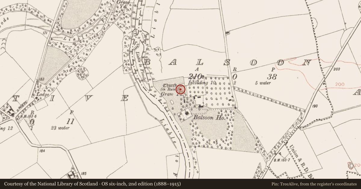 Ordnance Survey six-inch map, 2nd edition (1888–1915) covering the location of Graveyard, Balsoon, County Meath, with a pin at the register's coordinates