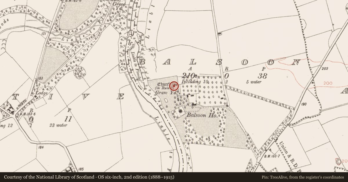 Ordnance Survey six-inch map, 2nd edition (1888–1915) covering the location of Graveslab, Balsoon, County Meath, with a pin at the register's coordinates