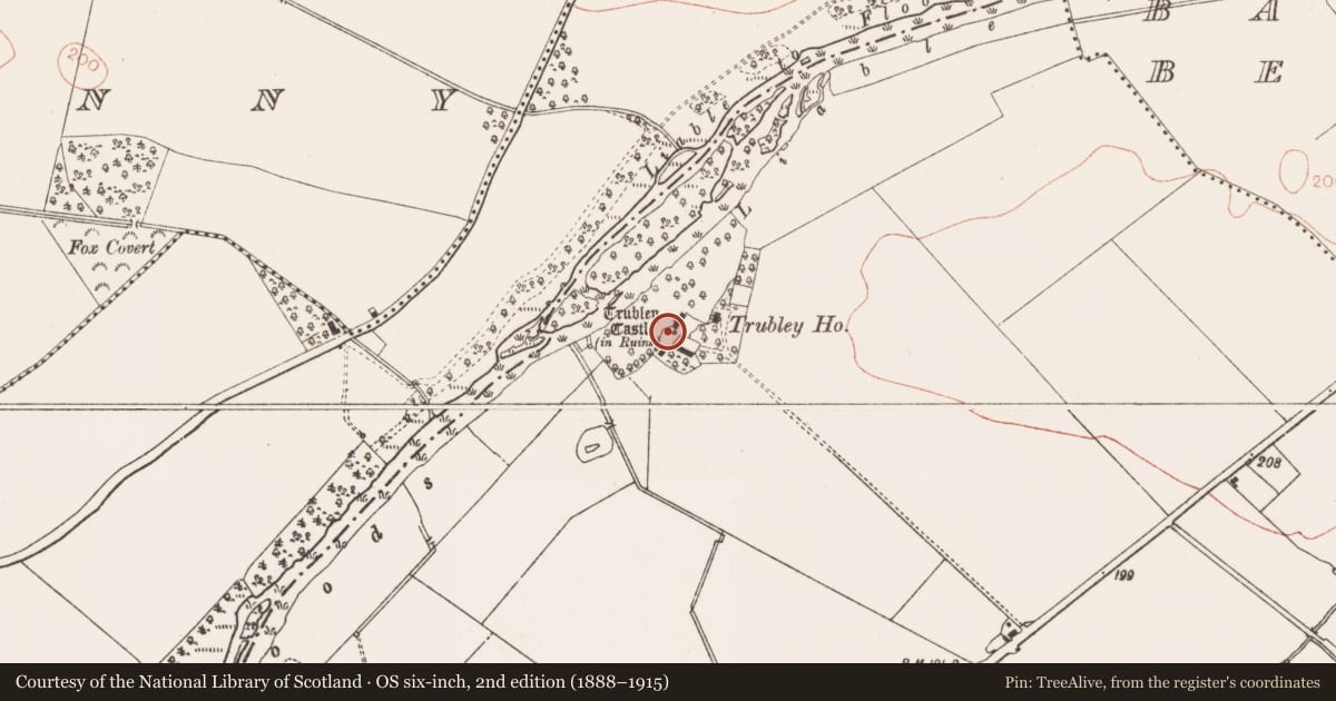 Ordnance Survey six-inch map, 2nd edition (1888–1915) covering the location of Castle - tower house, Trubley, County Meath, with a pin at the register's coordinates