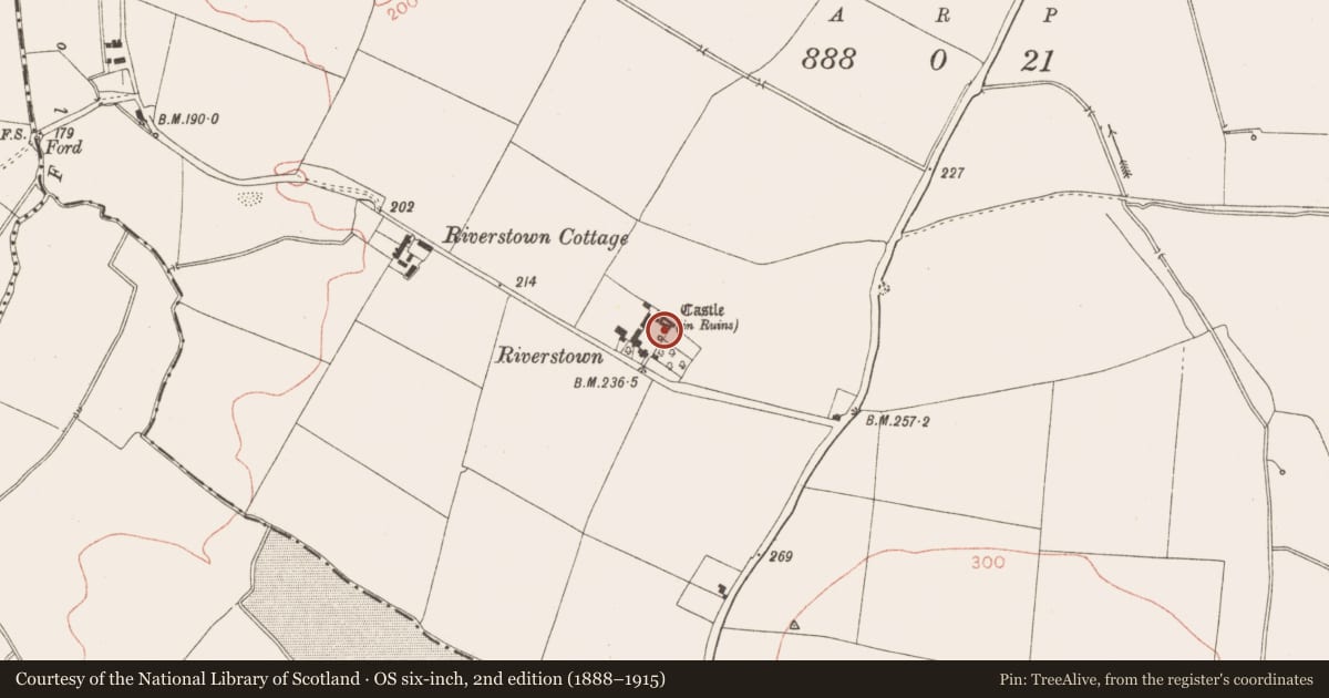 Ordnance Survey six-inch map, 2nd edition (1888–1915) covering the location of Castle - tower house, Riverstown, County Meath, with a pin at the register's coordinates