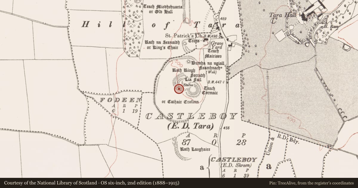 Ordnance Survey six-inch map, 2nd edition (1888–1915) covering the location of Ceremonial enclosure, Castleboy (Skreen By., Tara Par.), County Meath, with a pin at the register's coordinates