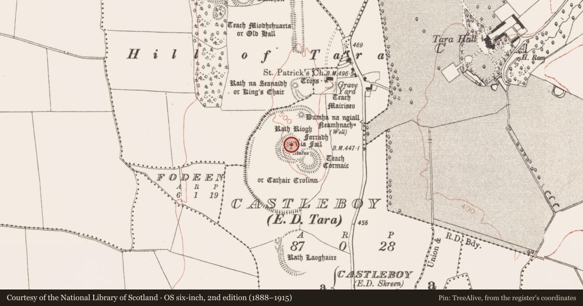 Ordnance Survey six-inch map, 2nd edition (1888–1915) covering the location of Enclosure - large enclosure, Castleboy (Skreen By., Tara Par.), County Meath, with a pin at the register's coordinates