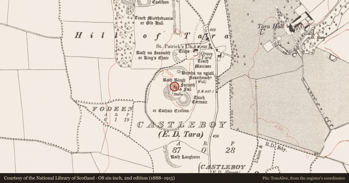 Ordnance Survey six-inch map, 2nd edition (1888–1915) covering the location of Barrow - mound barrow, Castleboy (Skreen By., Tara Par.), County Meath, with a pin at the register's coordinates