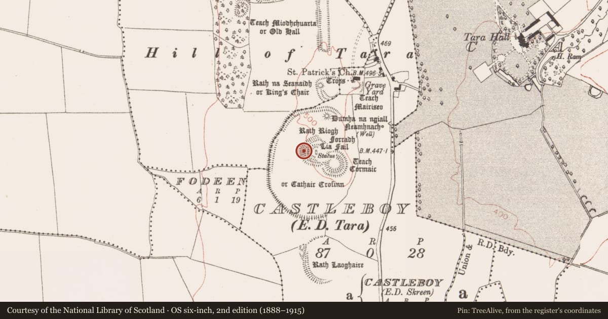 Ordnance Survey six-inch map, 2nd edition (1888–1915) covering the location of Barrow - mound barrow, Castleboy (Skreen By., Tara Par.), County Meath, with a pin at the register's coordinates