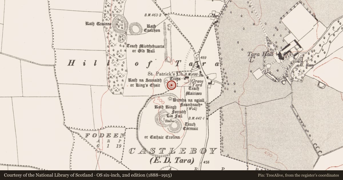 Ordnance Survey six-inch map, 2nd edition (1888–1915) covering the location of Enclosure, Castletown Tara, County Meath, with a pin at the register's coordinates