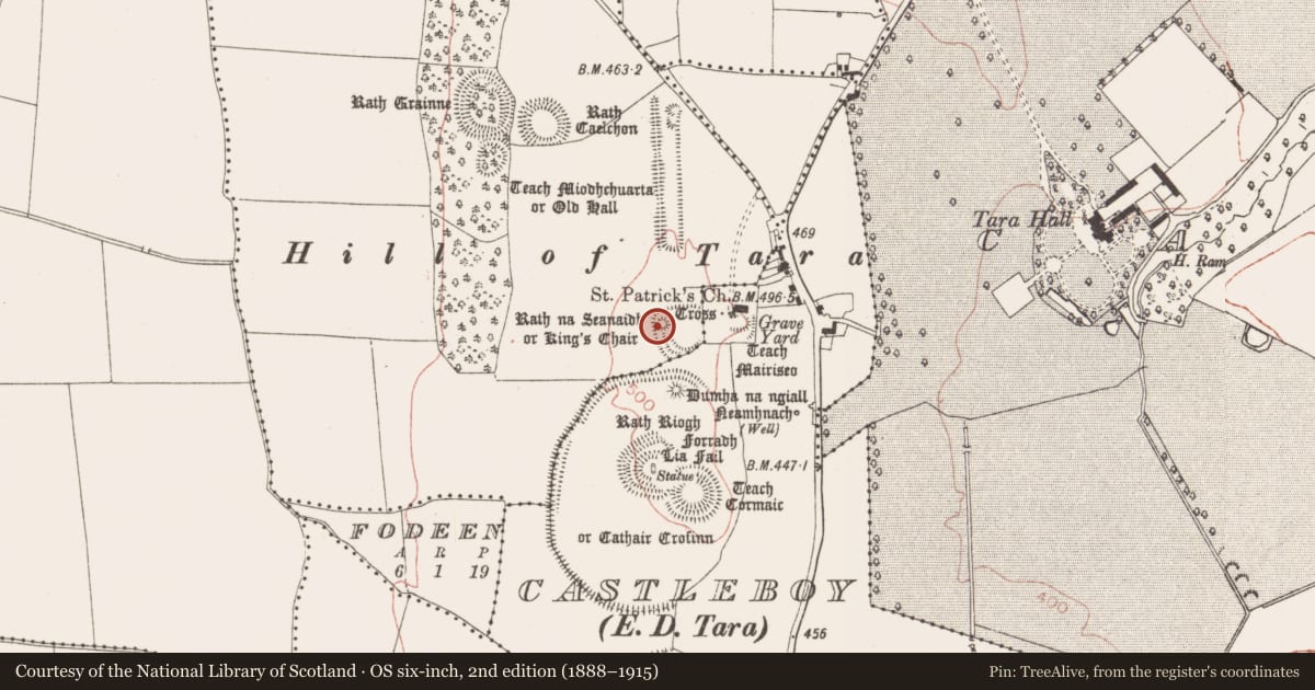 Ordnance Survey six-inch map, 2nd edition (1888–1915) covering the location of Barrow - mound barrow, Castletown Tara, County Meath, with a pin at the register's coordinates