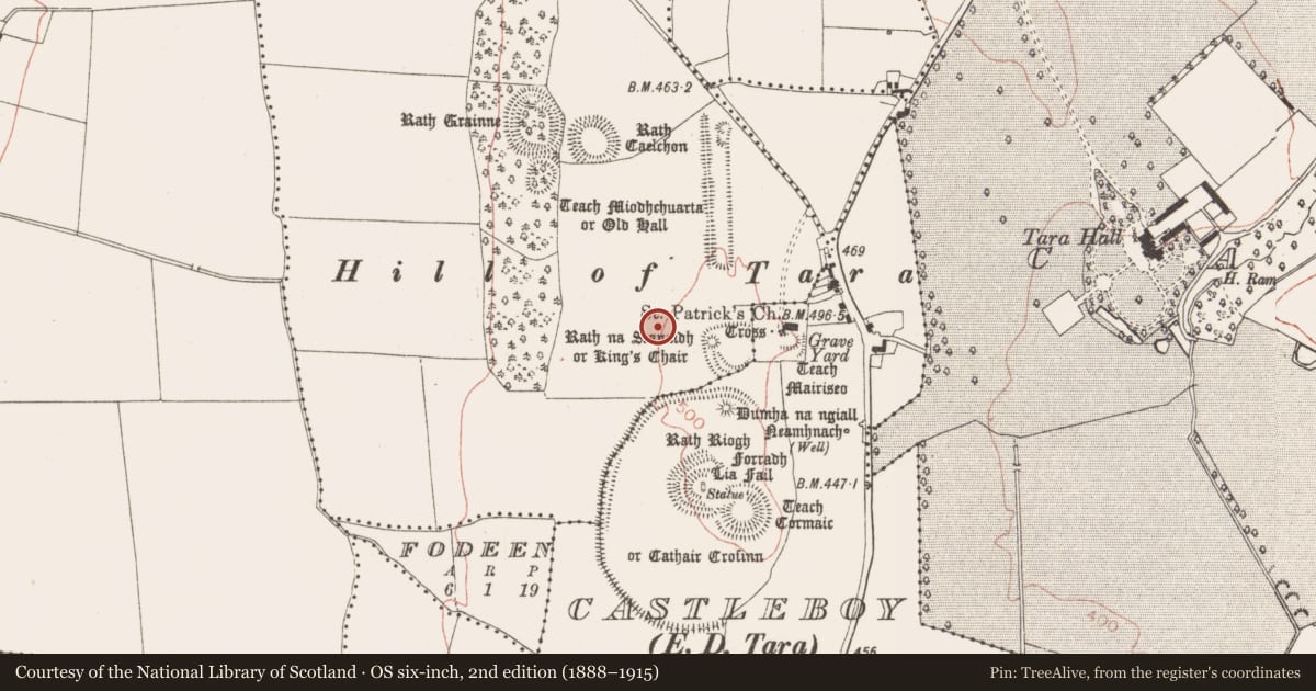 Ordnance Survey six-inch map, 2nd edition (1888–1915) covering the location of Barrow - ring-barrow, Castletown Tara, County Meath, with a pin at the register's coordinates