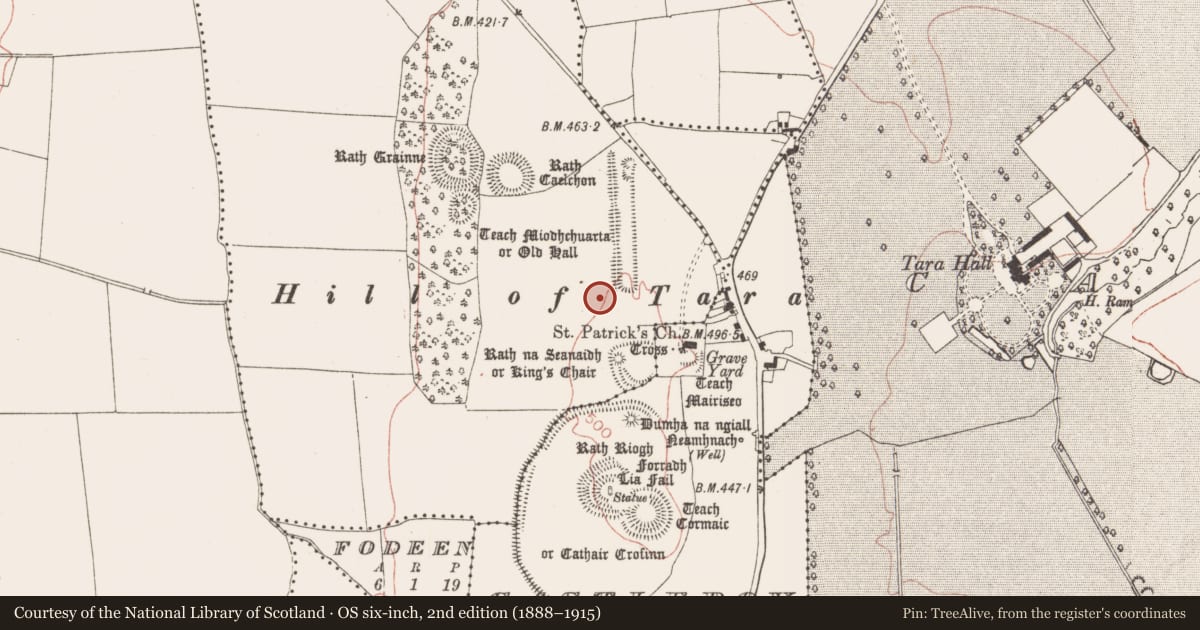Ordnance Survey six-inch map, 2nd edition (1888–1915) covering the location of Barrow - mound barrow, Castletown Tara, County Meath, with a pin at the register's coordinates