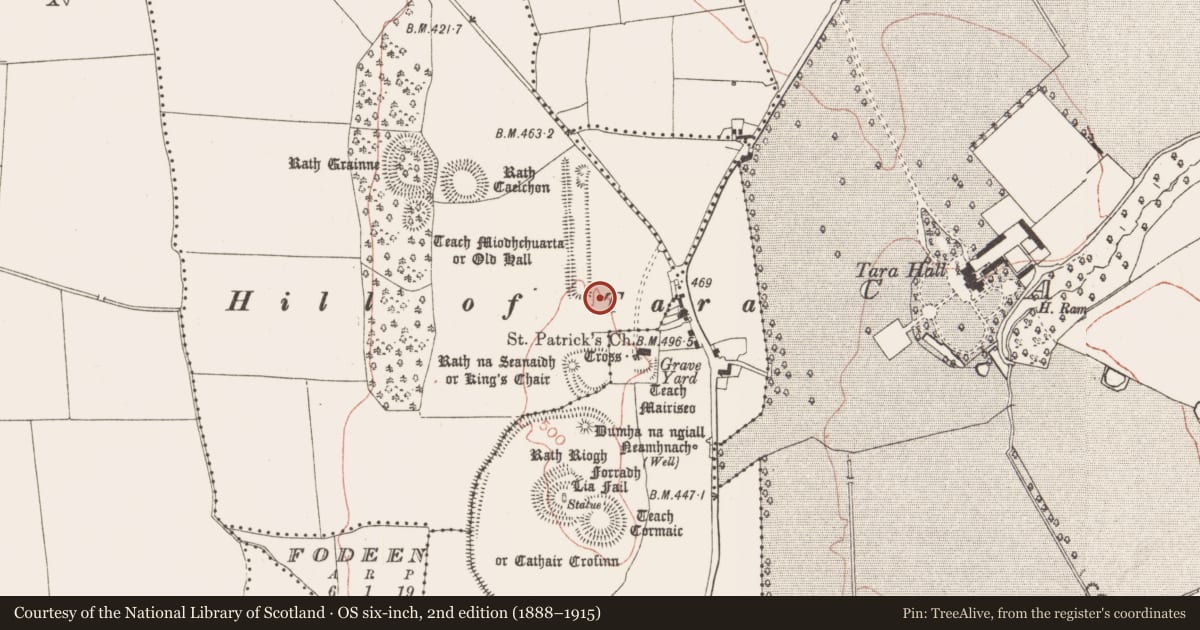 Ordnance Survey six-inch map, 2nd edition (1888–1915) covering the location of Barrow - bowl-barrow, Castletown Tara, County Meath, with a pin at the register's coordinates