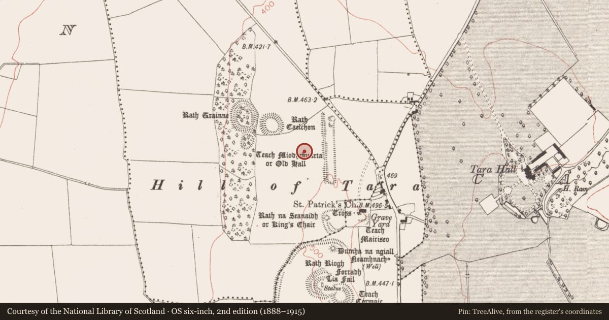Ordnance Survey six-inch map, 2nd edition (1888–1915) covering the location of Barrow - ring-barrow, Castletown Tara, County Meath, with a pin at the register's coordinates
