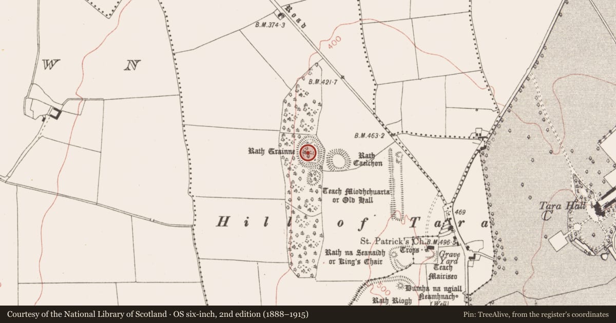 Ordnance Survey six-inch map, 2nd edition (1888–1915) covering the location of Barrow - unclassified, Castletown Tara, County Meath, with a pin at the register's coordinates