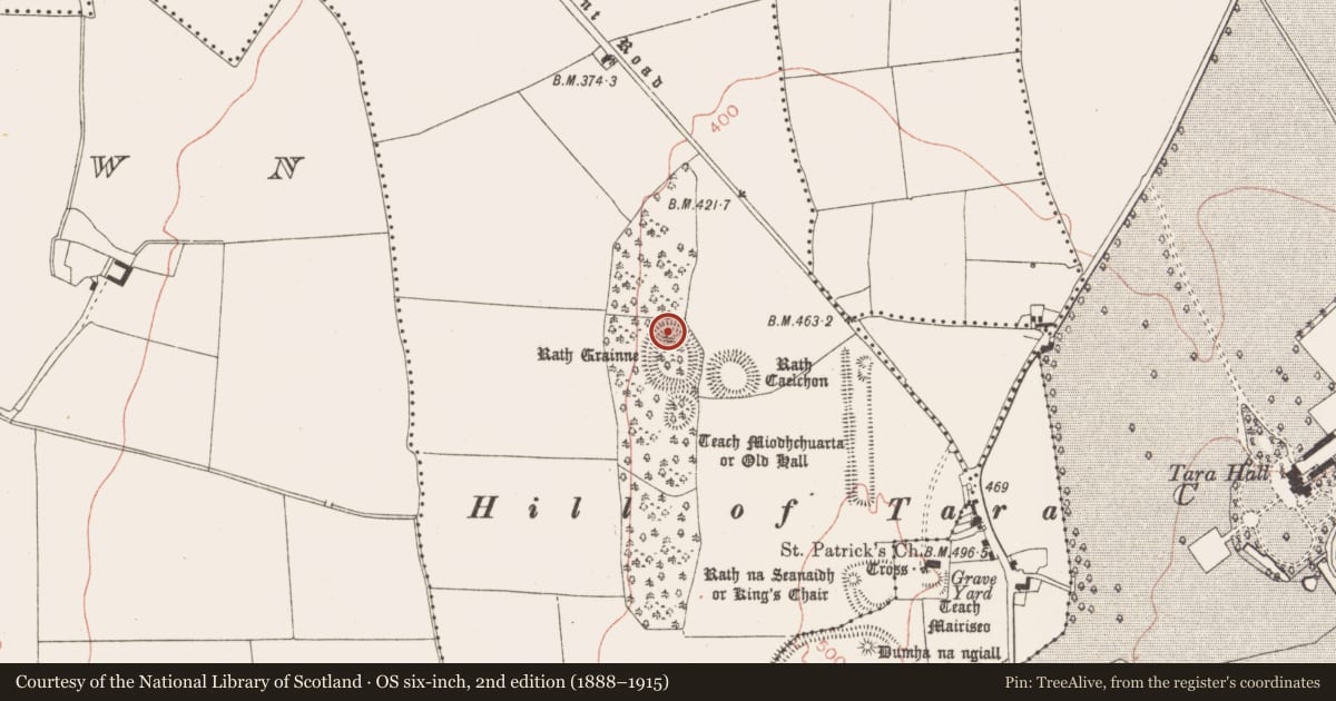 Ordnance Survey six-inch map, 2nd edition (1888–1915) covering the location of Barrow - mound barrow, Castletown Tara, County Meath, with a pin at the register's coordinates