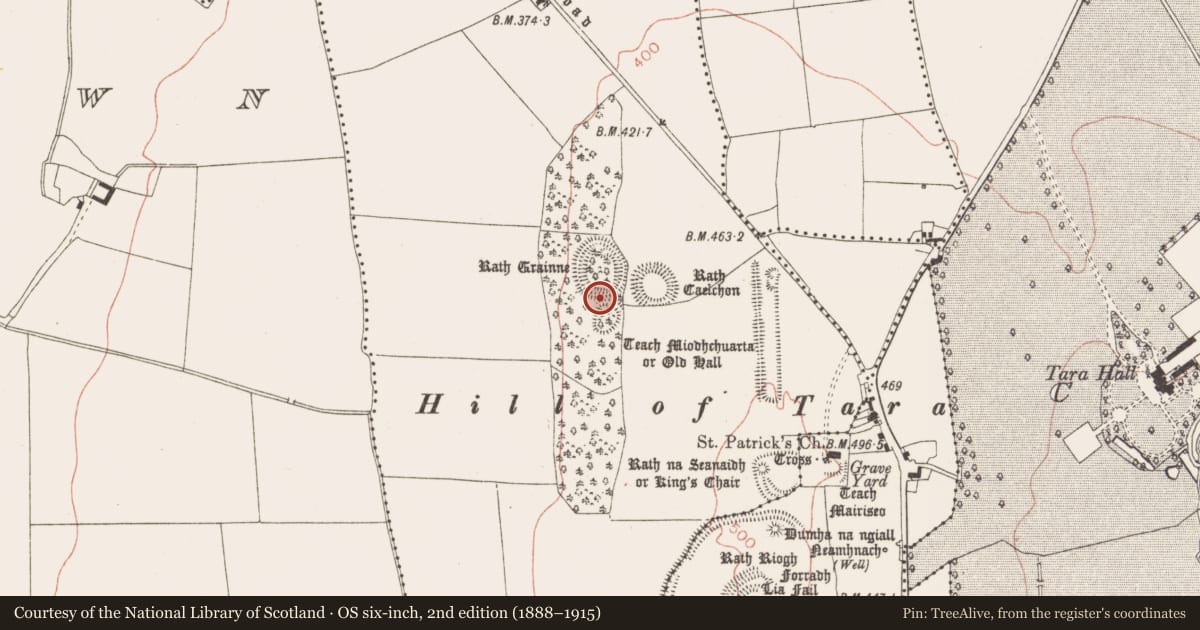 Ordnance Survey six-inch map, 2nd edition (1888–1915) covering the location of Mound, Castletown Tara, County Meath, with a pin at the register's coordinates