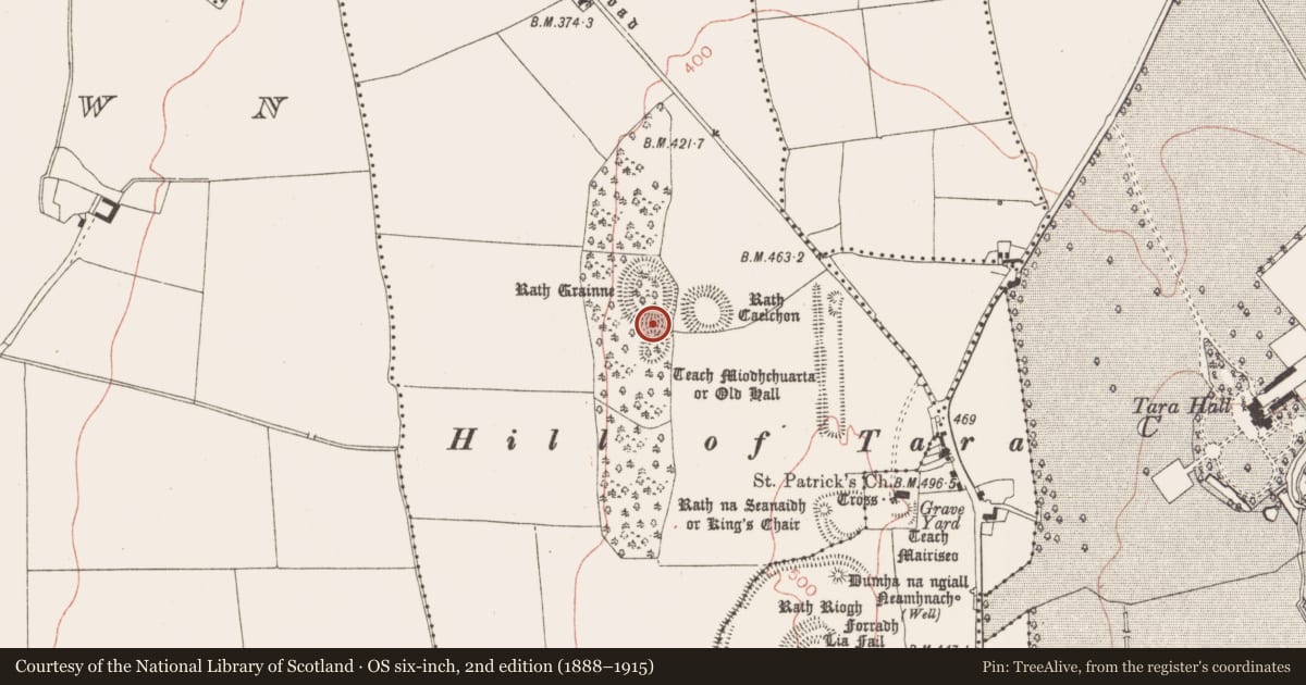 Ordnance Survey six-inch map, 2nd edition (1888–1915) covering the location of Mound, Castletown Tara, County Meath, with a pin at the register's coordinates