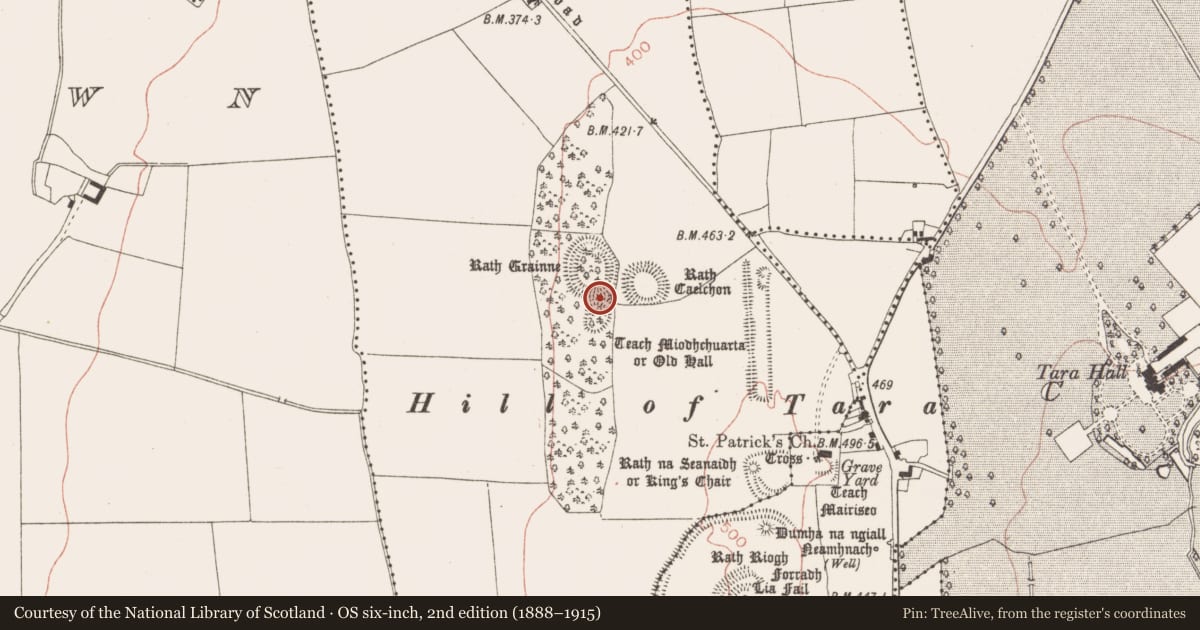 Ordnance Survey six-inch map, 2nd edition (1888–1915) covering the location of Mound, Castletown Tara, County Meath, with a pin at the register's coordinates