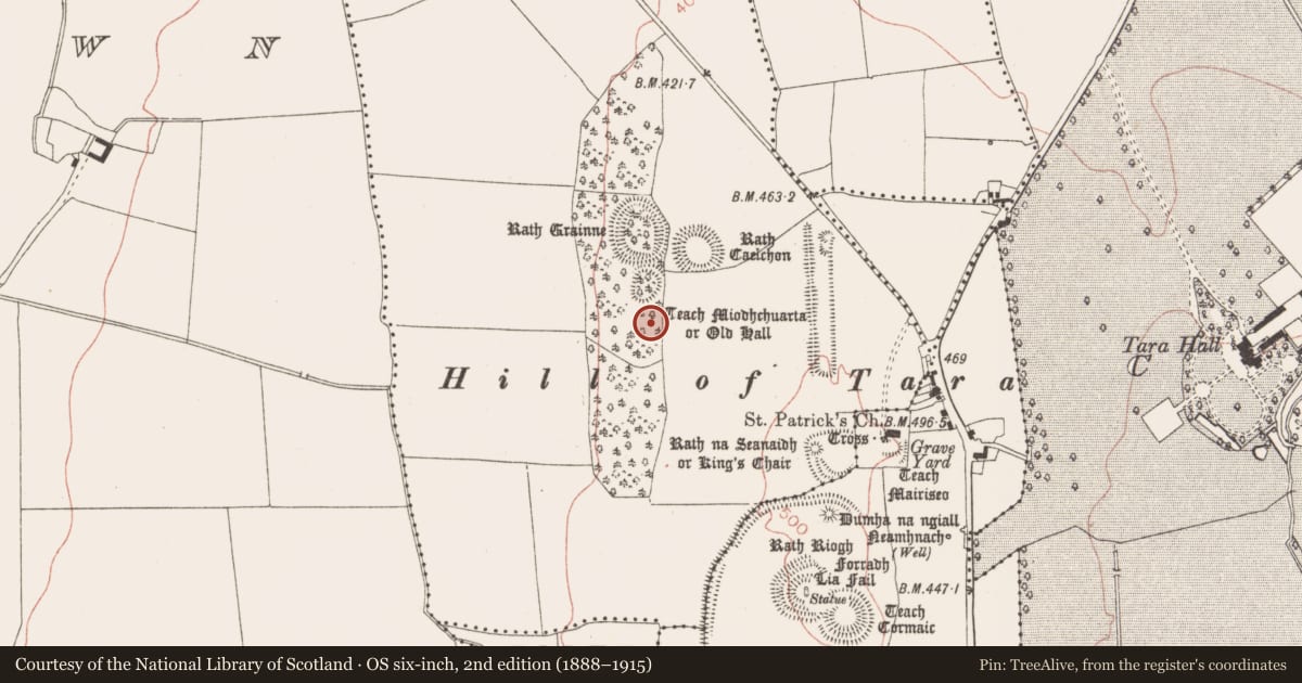 Ordnance Survey six-inch map, 2nd edition (1888–1915) covering the location of Barrow - mound barrow, Castletown Tara, County Meath, with a pin at the register's coordinates