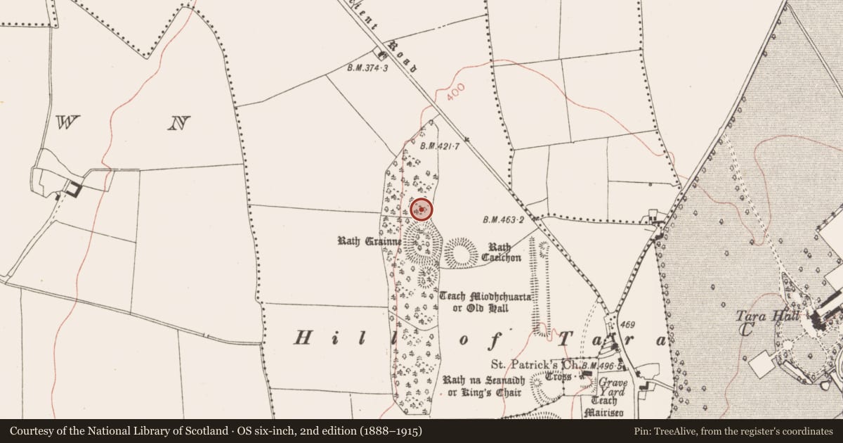 Ordnance Survey six-inch map, 2nd edition (1888–1915) covering the location of Mound, Castletown Tara, County Meath, with a pin at the register's coordinates