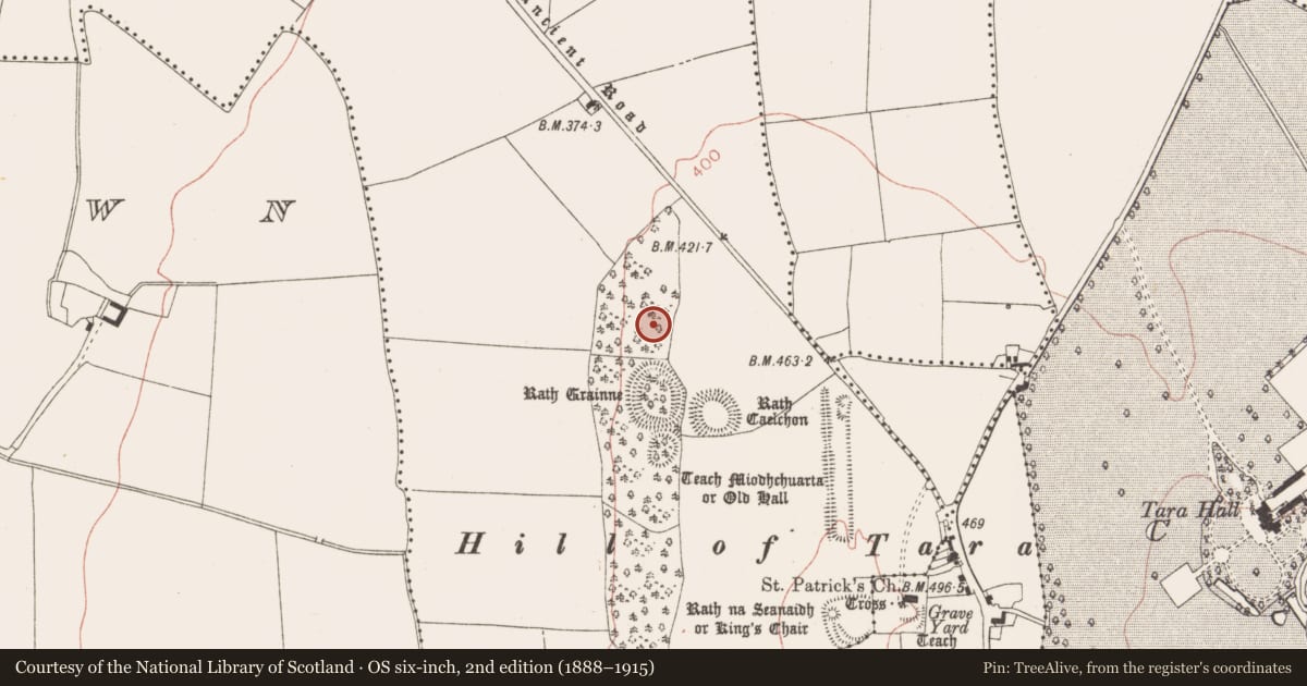 Ordnance Survey six-inch map, 2nd edition (1888–1915) covering the location of Barrow - mound barrow, Castletown Tara, County Meath, with a pin at the register's coordinates