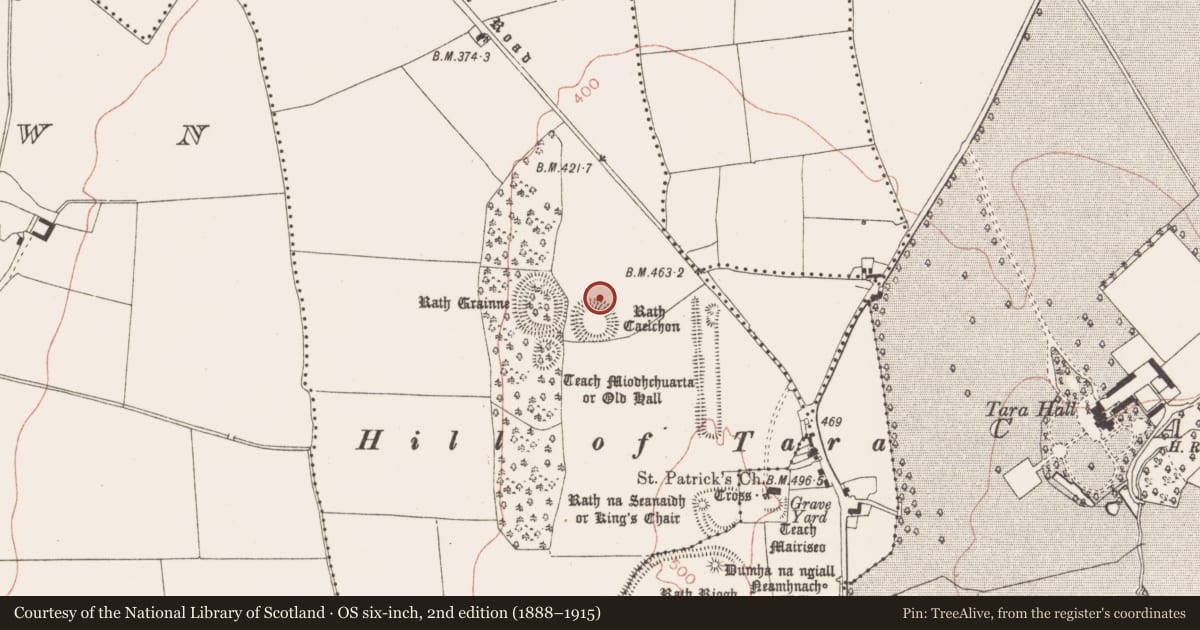 Ordnance Survey six-inch map, 2nd edition (1888–1915) covering the location of Barrow - unclassified, Castletown Tara, County Meath, with a pin at the register's coordinates