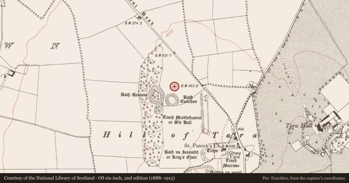 Ordnance Survey six-inch map, 2nd edition (1888–1915) covering the location of Barrow - ring-barrow, Castletown Tara, County Meath, with a pin at the register's coordinates
