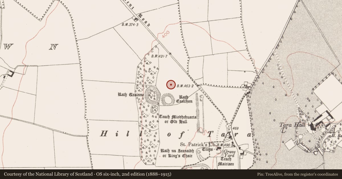 Ordnance Survey six-inch map, 2nd edition (1888–1915) covering the location of Ring-ditch, Castletown Tara, County Meath, with a pin at the register's coordinates