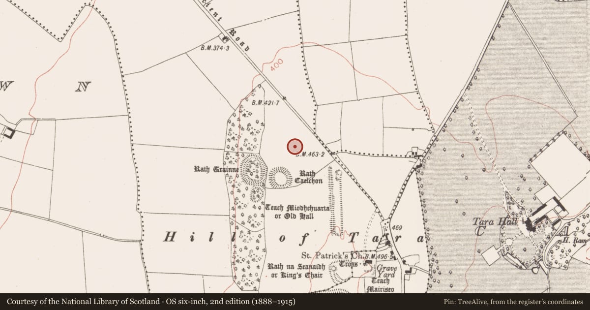 Ordnance Survey six-inch map, 2nd edition (1888–1915) covering the location of Barrow - ring-barrow, Castletown Tara, County Meath, with a pin at the register's coordinates