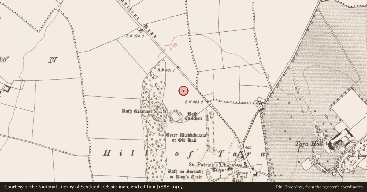 Ordnance Survey six-inch map, 2nd edition (1888–1915) covering the location of Barrow - ring-barrow, Castletown Tara, County Meath, with a pin at the register's coordinates