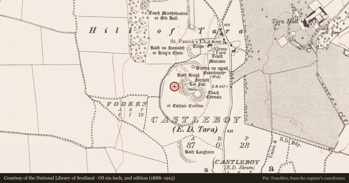 Ordnance Survey six-inch map, 2nd edition (1888–1915) covering the location of Ring-ditch, Castleboy (Skreen By., Tara Par.), County Meath, with a pin at the register's coordinates