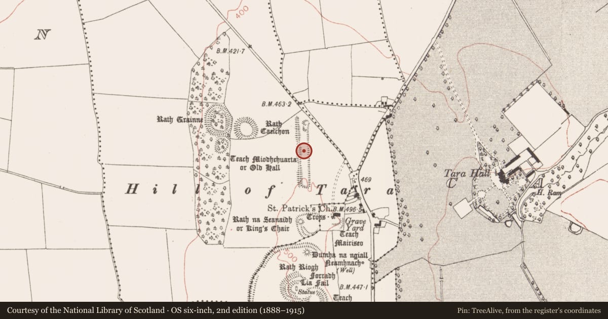 Ordnance Survey six-inch map, 2nd edition (1888–1915) covering the location of Mound, Castletown Tara, County Meath, with a pin at the register's coordinates