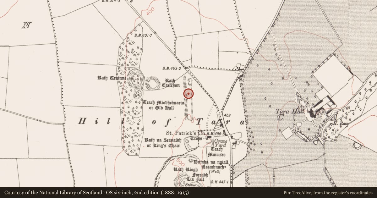 Ordnance Survey six-inch map, 2nd edition (1888–1915) covering the location of Mound, Castletown Tara, County Meath, with a pin at the register's coordinates
